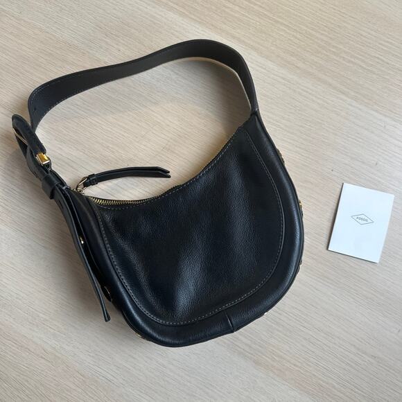 Fossil Harwell Crescent Leather Handbag Black - NEW